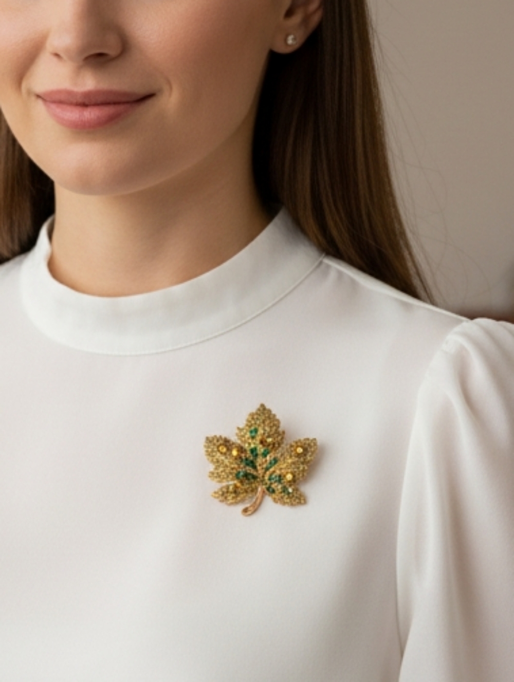 Leaf Brooch - Gold Tone Green Yellow Gemstones Sparkle - Vintage Estate Jewelry